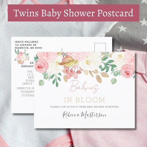 Babies In Bloom Pink Floral Twins Baby Shower Invitation Postcard
