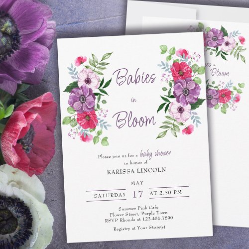 Babies in Bloom Purple Pink Flowers Baby Shower Invitation