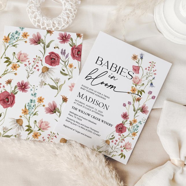 Babies in Bloom  | Twins Baby Shower Invitation (babies in bloom invitation with colorful flowers and wildflowers)