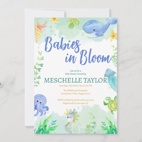 Babies in Bloom Under the Sea Blue Baby Shower Invitation