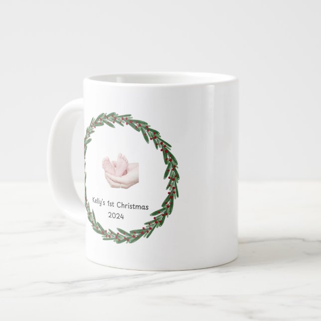Babies (Kelly’s) 1st Christmas Customizable Giant Coffee Mug (Front Left)