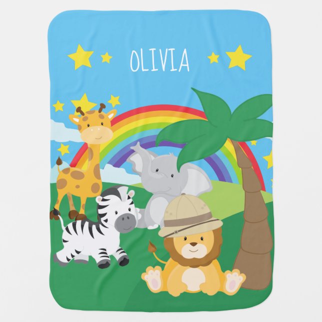 Babies Safari Jungle Animals and First Name Baby Blanket (Front)
