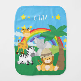 Babies Safari Jungle Animals and First Name Baby Burp Cloth