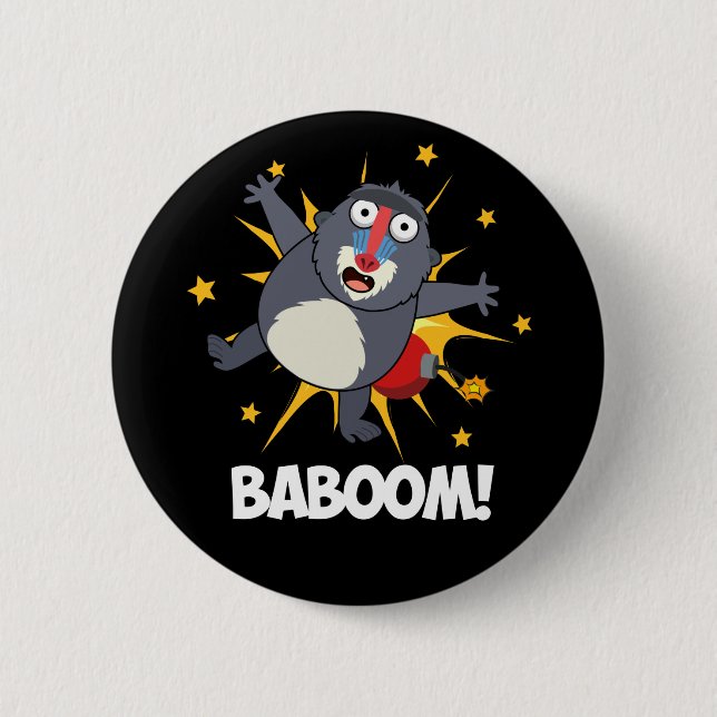 Baboom Funny Exploding Baboon Pun Dark BG Button (Front)