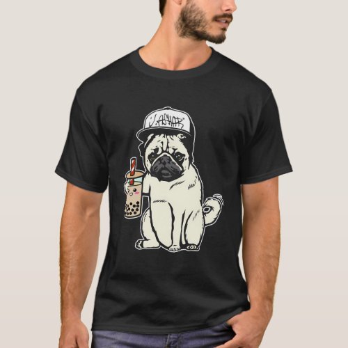 Babu The Pug Dog Drinking Bubble Tea Justin Ashar  T_Shirt