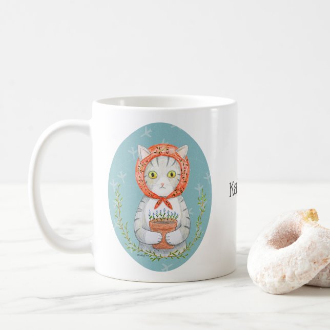 Babushka Cat Gray Tabby Cat Gift Custom Name   Coffee Mug (With Donut)