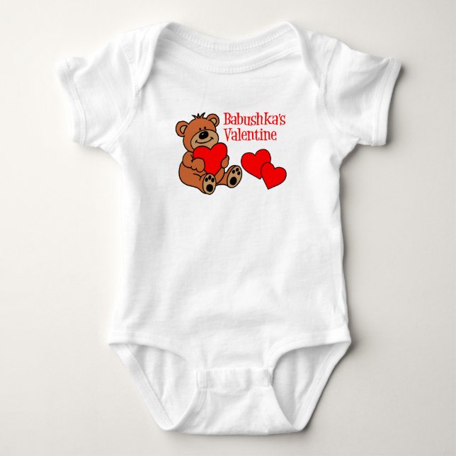 Babushka's Valentine Cartoon Bear And Hearts Baby Bodysuit (Front)