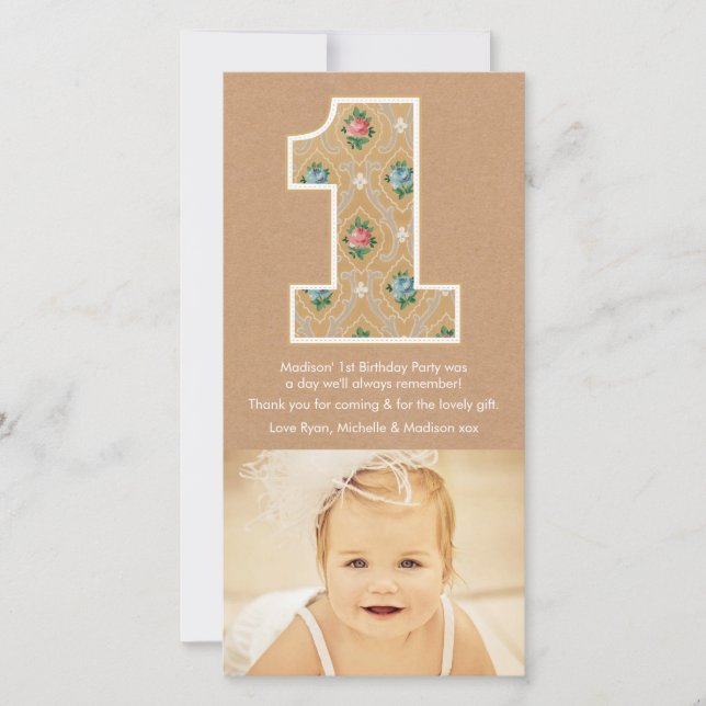 Baby 1st Birthday Number 1 Thank You Photo Card (Front)