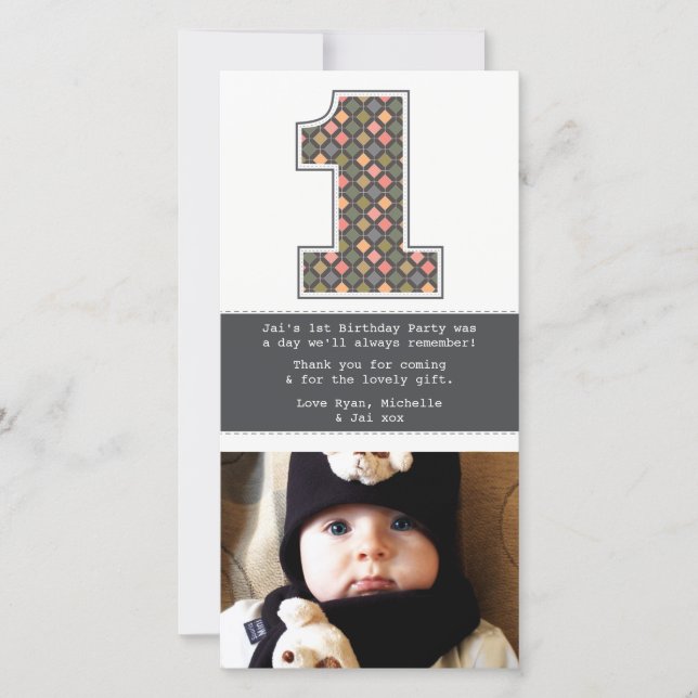 Baby 1st Birthday Number 1 Thank You Photo Card (Front)
