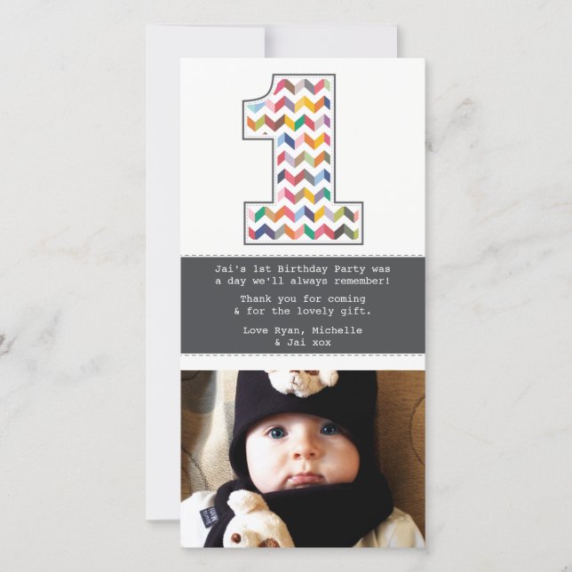 Baby 1st Birthday Number 1 Thank You Photo Card (Front)