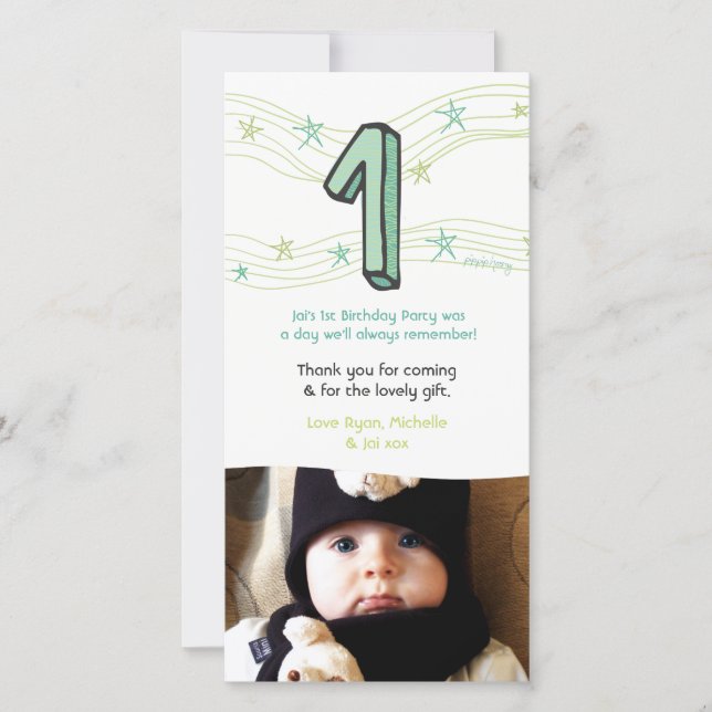 Baby 1st Birthday Number 1 Thank You Photo Card (Front)