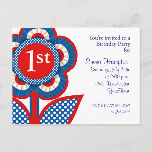 Baby 1st Birthday Postcard Invitation in July (Front)