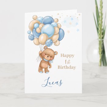 Baby 1st Birthday Teddy Bear Blue Balloons Card by IrinaFraser at Zazzle
