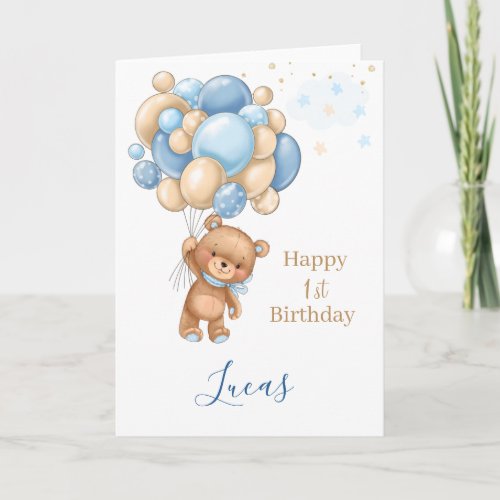 Baby 1st Birthday Teddy Bear Blue Balloons Card