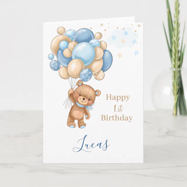 Baby 1st Birthday Teddy Bear Blue Balloons Card | Zazzle