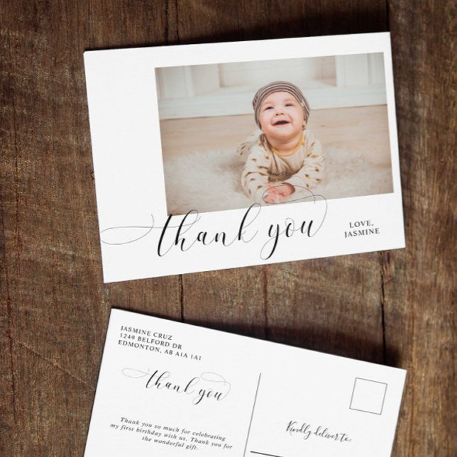 Baby 1st Birthday Thank you Elegant Script Swashes Postcard (Creator Uploaded)