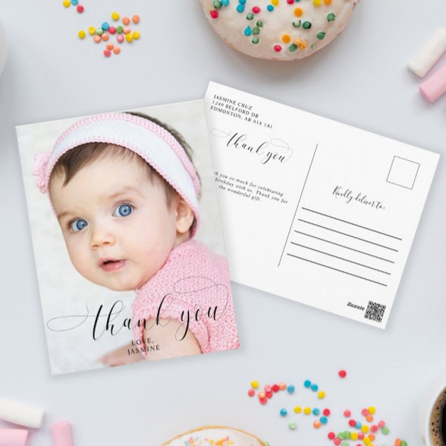 Baby 1st Birthday Thank you Elegant Script Swashes Postcard (Creator Uploaded)