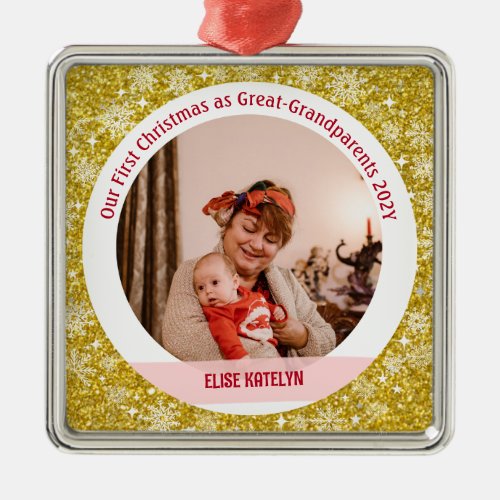 Baby 1st Christmas As Great Grandparents Golden Metal Ornament