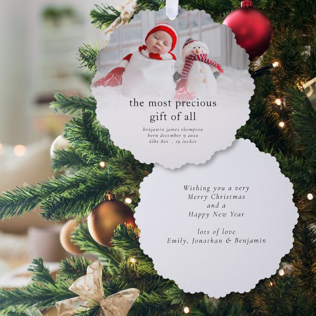 Baby 1st Christmas Birth Stats Photo Overlay Ornament Card (Front and back view)