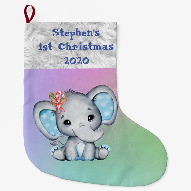 Baby 1st Christmas Blue Boy Elephant Large Christmas Stocking (Front)