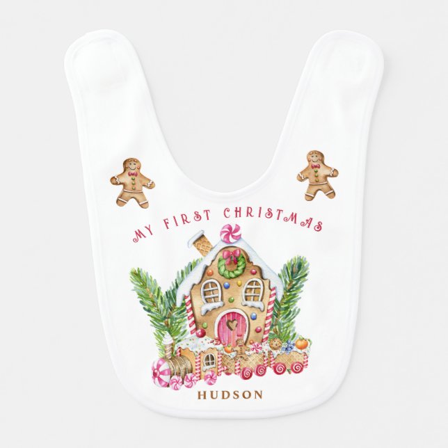 Baby 1st Christmas Gingerbread House Train Baby Bib (Front)
