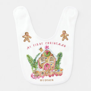 Baby 1st Christmas Gingerbread House Train Bib