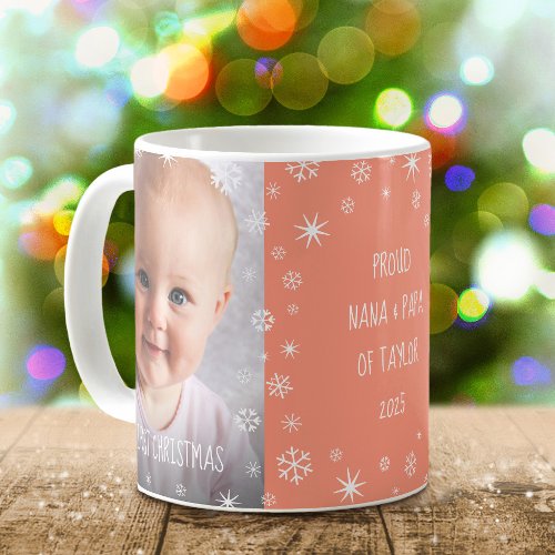 Baby 1st Christmas Grandparents 2 Photo Peach Name Coffee Mug