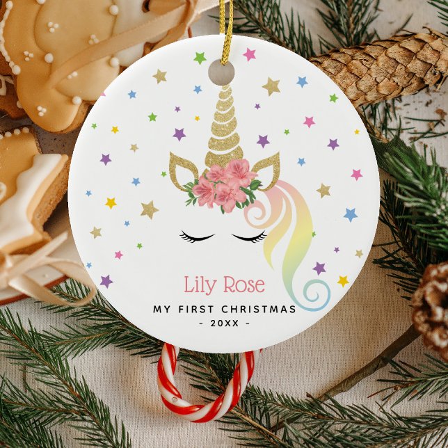 Baby 1st Christmas Magical Girly Unicorn & Stars Ceramic Ornament (Creator Uploaded)