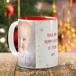Baby 1st Christmas New Mom Dad Snowflakes 2 Photo Two-Tone Coffee Mug
