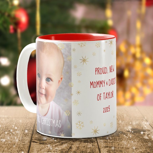 Baby 1st Christmas New Mom Dad Snowflakes 2 Photo Two-Tone Coffee Mug (Creator Uploaded)