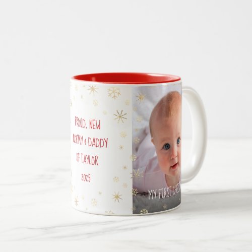 Baby 1st Christmas New Mom Dad Snowflakes Photo Two_Tone Coffee Mug