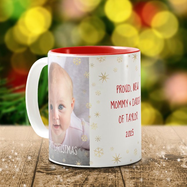 Baby 1st Christmas New Mom Dad Snowflakes Photo Two-Tone Coffee Mug (Creator Uploaded)