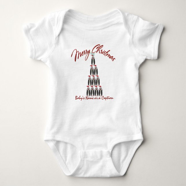 Baby 1st Christmas - Penguin Tree - Personalized Baby Bodysuit (Front)