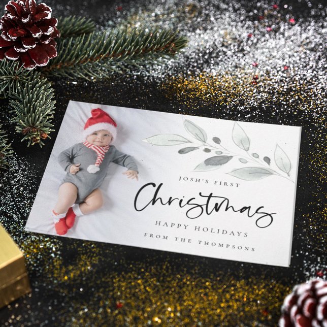 Baby 1st Christmas Photo Modern Foliage  Holiday Card (Creator Uploaded)