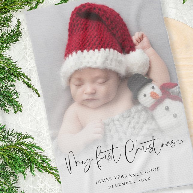Baby 1st Christmas Photo Overlay Script Name Year Kitchen Towel (Great keepsake gift idea for the new mom and dad!)
