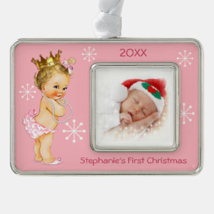 Baby 1st Christmas Photo Pink Princess Pearls Ornament