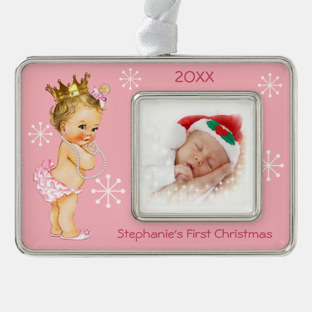 Baby 1st Christmas Photo Pink Princess Pearls Ornament (Front)