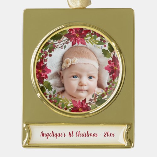 Baby 1st Christmas Photo Red Watercolor Floral Gold Plated Banner Ornament
