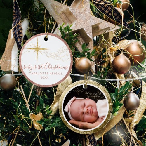 Baby 1st Christmas Pink n Gold Glitter Star Photo Ceramic Ornament