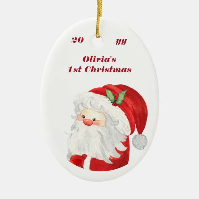 Baby 1st Christmas Portrait Photo Cute Santa Ceramic Ornament (Front)