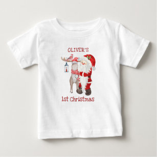 Baby 1st Christmas Santa and Reindeer Personalized Baby T-Shirt