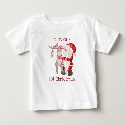 Baby 1st Christmas Santa and Reindeer Personalized Baby T_Shirt