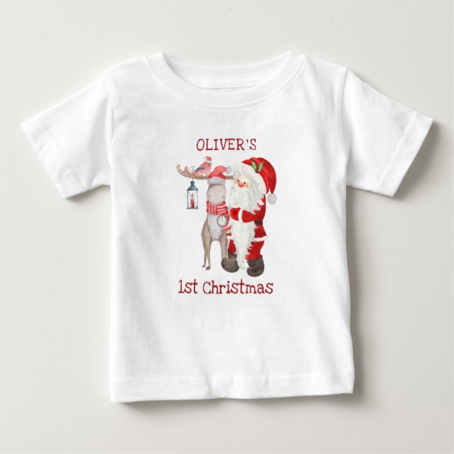 Baby 1st Christmas Santa and Reindeer Personalized Baby T-Shirt (Front)