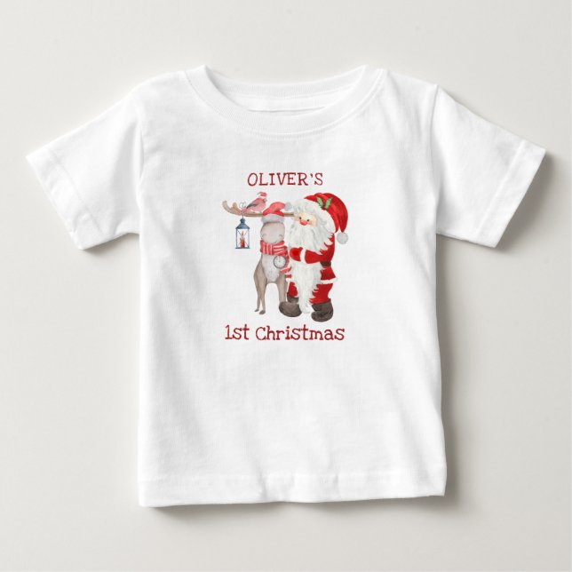 Baby 1st Christmas Santa and Reindeer Personalized T-Shirt (Front)