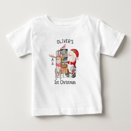 Baby 1st Christmas Santa and Reindeer with Sleigh Baby T_Shirt