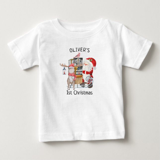 Baby 1st Christmas Santa and Reindeer with Sleigh Baby T-Shirt (Front)