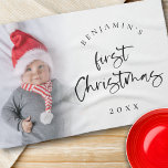 Baby 1st Christmas Script Name Year Photo Keepsake Kitchen Towel<br><div class="desc">Modern Baby 1st Christmas Script Name Year Photo Keepsake. A great gift idea to celebrate your little one's 1st Christmas! A fun set script for First Christmas and the rest of the text is easy to personalise with your baby's name and the year. Replace the sample photo with your own....</div>