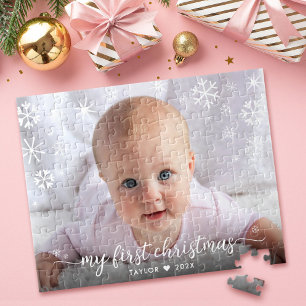 Baby 1st Christmas Script Snowflake Photo Keepsake Jigsaw Puzzle