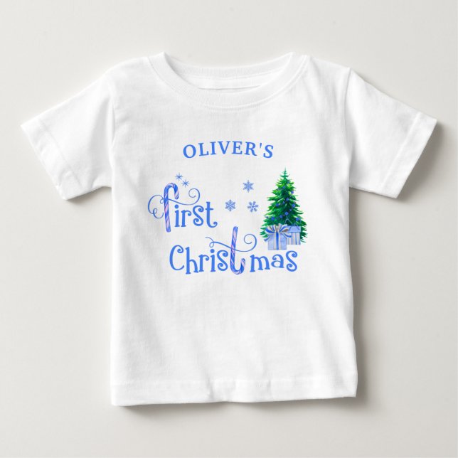 Baby 1st Christmas Tree and Blue Candy Cane Boy Baby T-Shirt (Front)