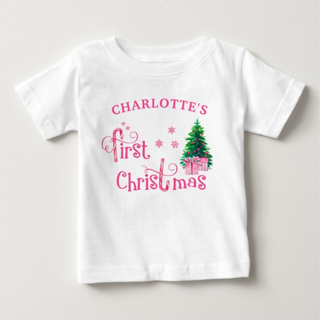 Baby 1st Christmas Tree and Pink Candy Cane Girl T-Shirt (Front)